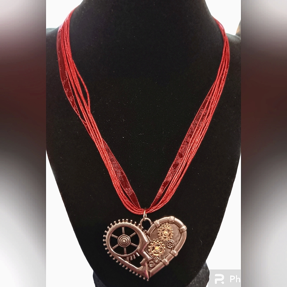HANDMADE Steampunk Heart Two-tone Metal Pendant & Red Cord Adjustable Necklace